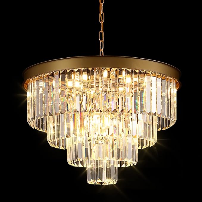 A AXILIXI Modern Crystal Chandeliers Gold 24” Round Chandelier for Dining Room 12 Light Ceiling Pendant Light Fixture Raindrop Luxury Gold Flush Mount Chandelier for Entryway Living Room