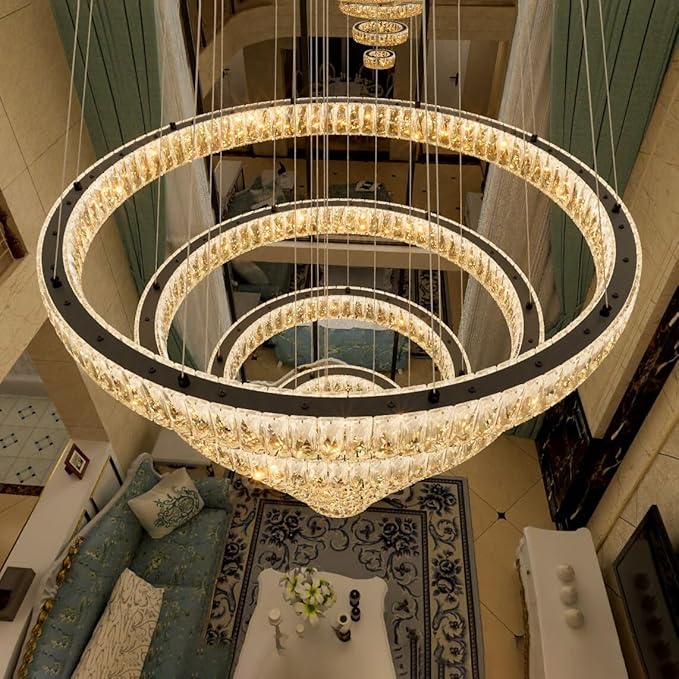 HAIXIANG 5-Rings Modern Chandelier with LED Dimmable Lights Crystal High Ceiling Chandeliers Lighting for Living Room Foyer Entryway Luxury Indoor Light Black Fixtures