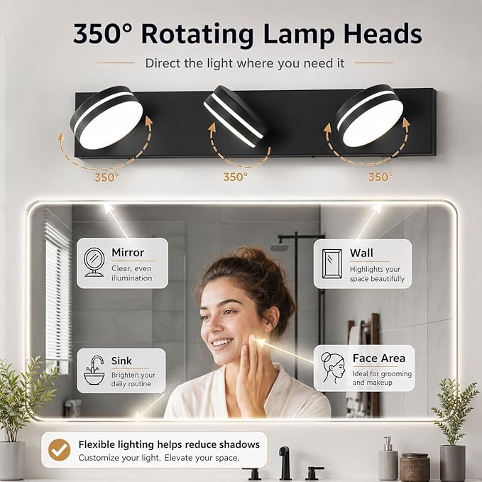 3-Light Bathroom Vanity Light Over Mirror, (24inch Dimmable) Matte Black LED Vanity Lighting Fixtures, Modern Bathroom Wall Light Fixtures with 360°Rotating Lamp Head (Cool White 5500K)