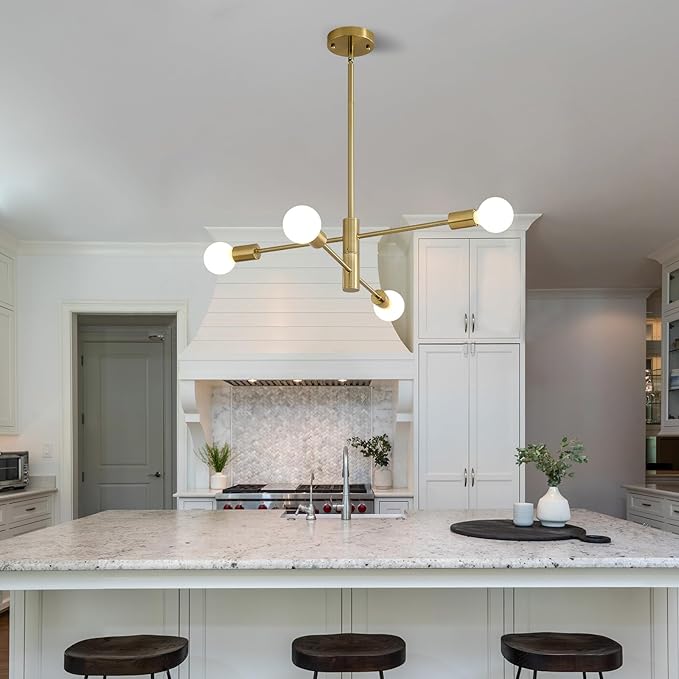 HHR Modern Sputnik Chandeliers, 4-Light Mid Century Modern Light Fixture, E26 Bedroom Chandelier Ceiling Light, Height Adjustable Hanging Pendant Lighting for Entryway Foyer Kitchen Island - Gold