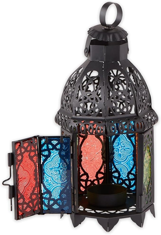Zingz & Thingz Moroccan Style Candle Lantern Holder, Decorative Light Home Decor, Indoor & Outdoor, 13" Tall, Black with Rainbow Glass