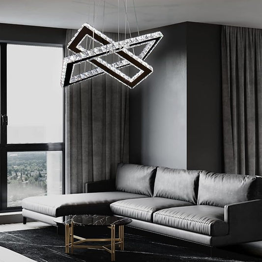 Dimmable Crystal Chandelier, Modern Rectangular 2 Ring LED Pendant Light with Remote & App Control, 20.5"+17" Adjustable Hanging Height, 3 CCT 2500K/4500K/6500K, Kitchen Island Dining Room