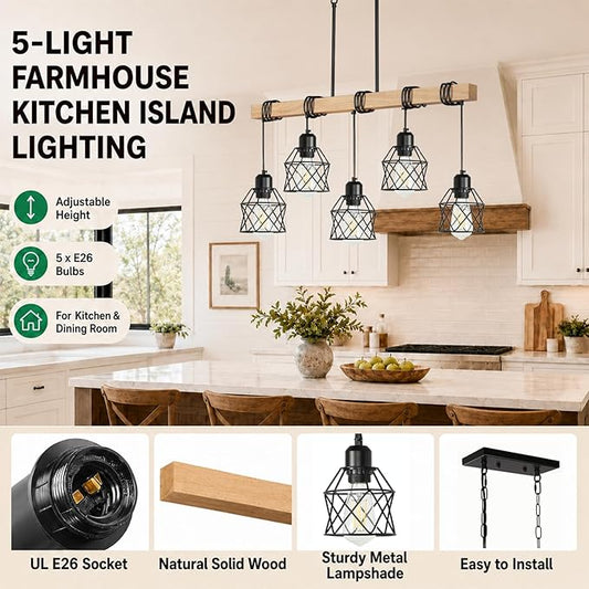 5 Light Farmhouse Kitchen Island Lighting,Dining Room Light Fixture,Adjustable Height Pendant,Real Wood and Black Metal Cage Chandelier for Kitchen,Dining Room