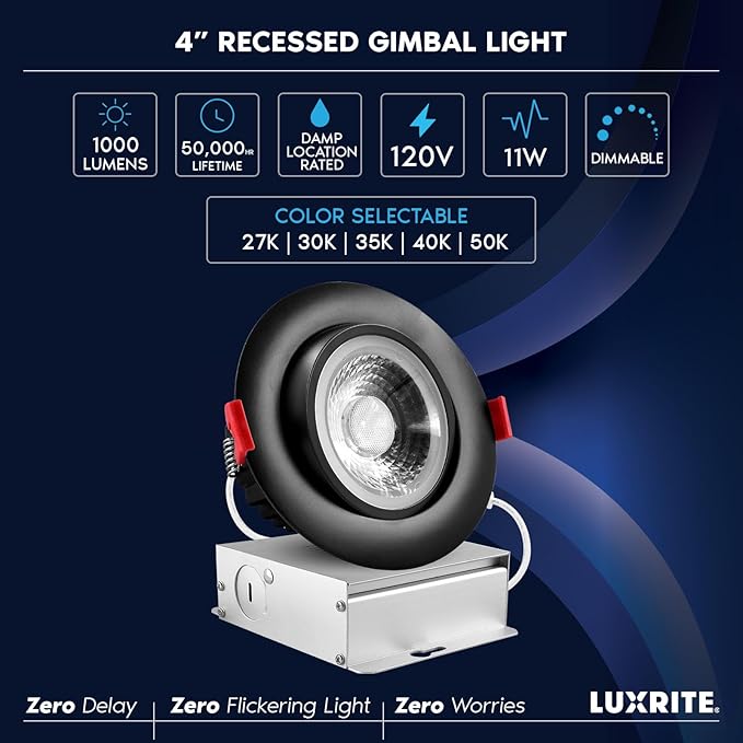 LUXRITE 4 Inch Gimbal LED Recessed Light with Junction Box, 11W=75W, 5CCT Color Selectable 2700K-5000K, Adjustable Swivel LED Eyeball Lights, 1000LM, Dimmable, Damp Rated, ETL Listed, Black