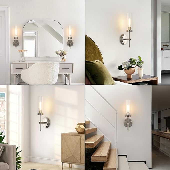 WILON Bathroom Wall Sconces 2 pcs, Vanity Lights for Bathroom, Indoor Wall Light Fixtures with Clear Glass Shades, Wall Lamp for Mirror Bedroom Living Room Bedside Hallway, Nickel