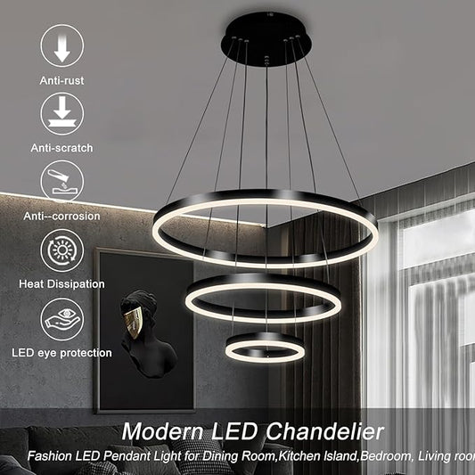 Modern LED Pendant Light, Black Circular Chandelier Fixture, Adjustable Height Circular Entrance Pendant Light, Suitable for Restaurants, Kitchens, Islands, Living Rooms, Cafes, Etc. (4000K)