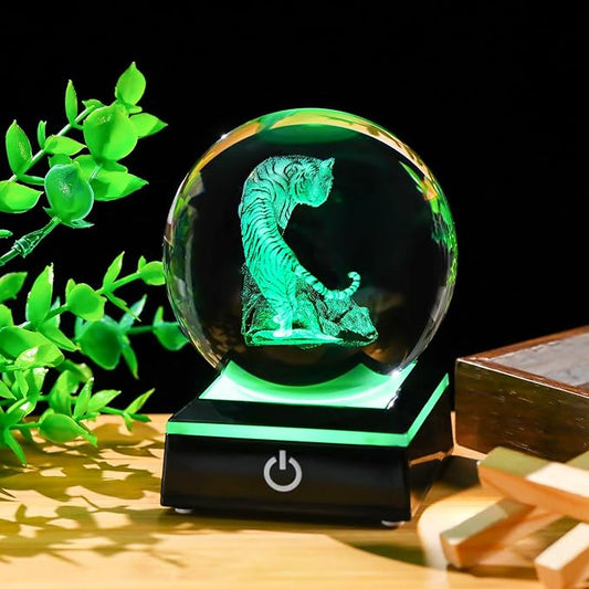 Arikyrist 3D Tiger Crystal Ball Figurine with Colorful Light Base, Tiger Gifts for Women Men on Christmas Birthday, Laser Engraved Tiger Collectible Globe Glass Decorative Ball for Home Office (80mm)