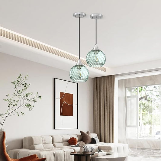 Pendant Lights Kitchen Island,2 Pack Farmhouse Pendant Lights,Green Striped Swirl Globe Glass Pendant Light Fixtures,Mini Island Lights For Kitchen,Modern Hanging Light Fixture With Adjustable Height