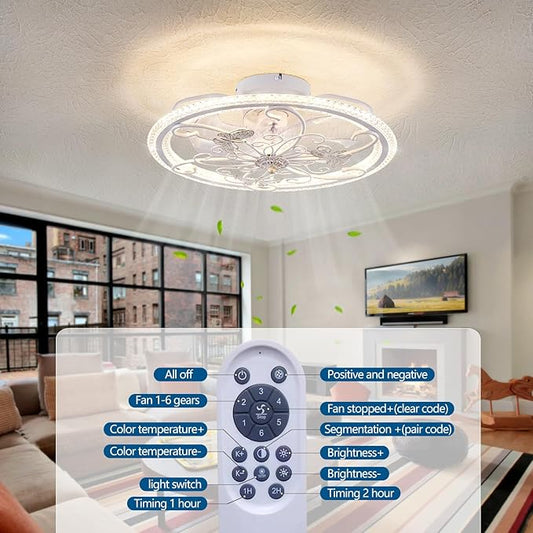 20" White Ceiling Fan with Lights Remote Control, 6 Speeds Retro Industrial Caged Ceiling Fan with Light for Kitchen Bedroom Living Room