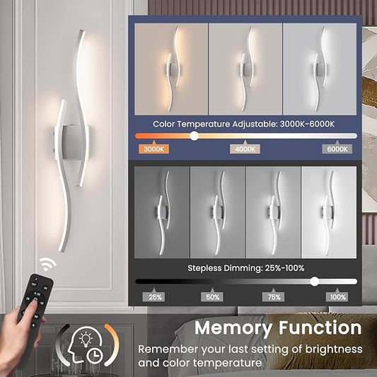 Modern LED Wall Sconce Set of Two, Dimmable Battery Powered Wall Sconces, 3000K-6500K LED Wireless Wall Light with Remote, Wall Lamp Indoor not Hardwired for Room Bedroom Corridor(Nickel)