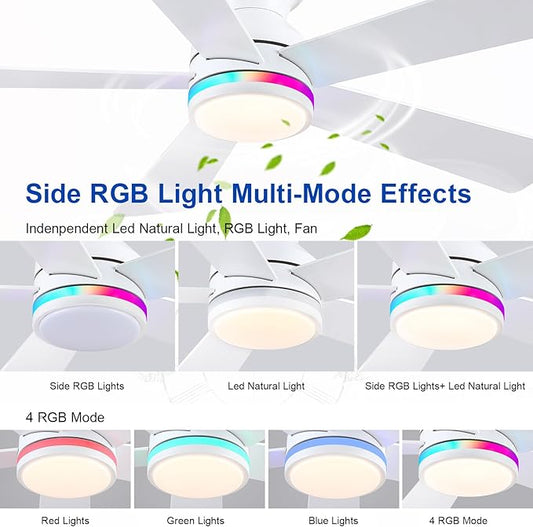 White RGB Ceiling Fans with Lights - 46" Flush Mount Ceiling Fan with Remote APP, RGB+3CCT Dimmable Led Light, Reversible 6 Wind Speeds&2H Timer, Low Profile Modern Fan Light Fixture for Bedroom Party