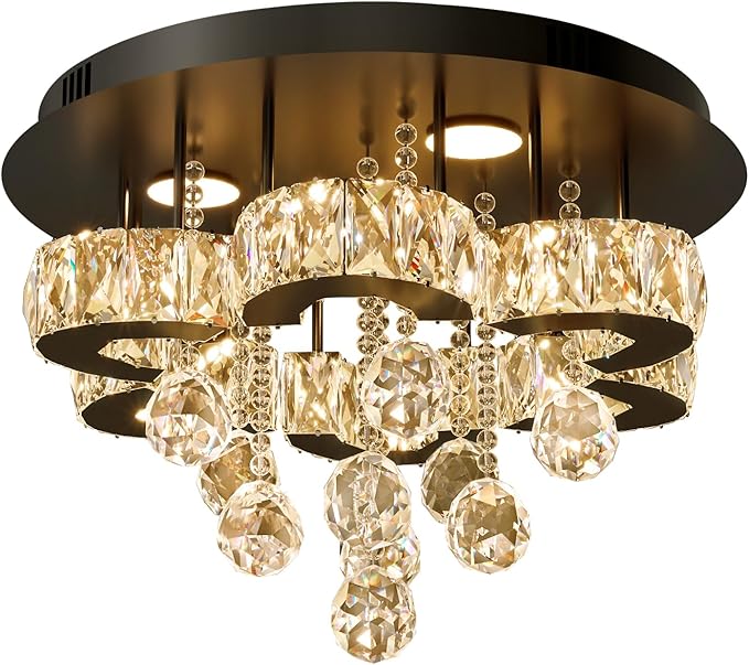 Flashing God 16" Small Crystal Chandelier LED Ceiling Light Fixtures Stainless Steel Flush Mount Ceiling Chandeliers Light for Bedroom,Foyer,Hallway