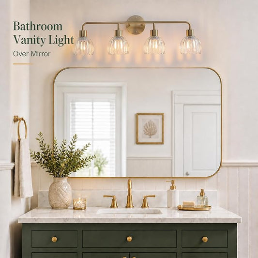 4-Light Gold Brass Bathroom Light Fixture with Clear Tulip Glass Shade,Wall Sconces,Vintage Vanlity Light Over Mirror,Bathroom Wall Light,E26 Socket(Bulbs Not Included) ASIN B0FVG