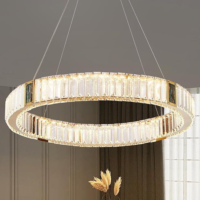 Depuley Modern LED Crystal Chandeliers: 23.6" Ring Chandelier Hanging Crystal Ceiling Light Fixture - 30W Adjustable Height Pendant Light for Living Room Dining Room Bedroom Foyer