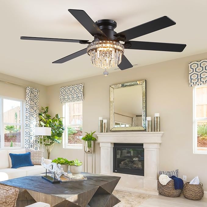 Asyko Crystal Ceiling Fan Fandelier with Lights - 52" Outdoor Fans with Remote Control,Crystal Ceiling Fans Noiseless DC Motor, Retro/Farmhouse Lighting, Dining Room,Living Room