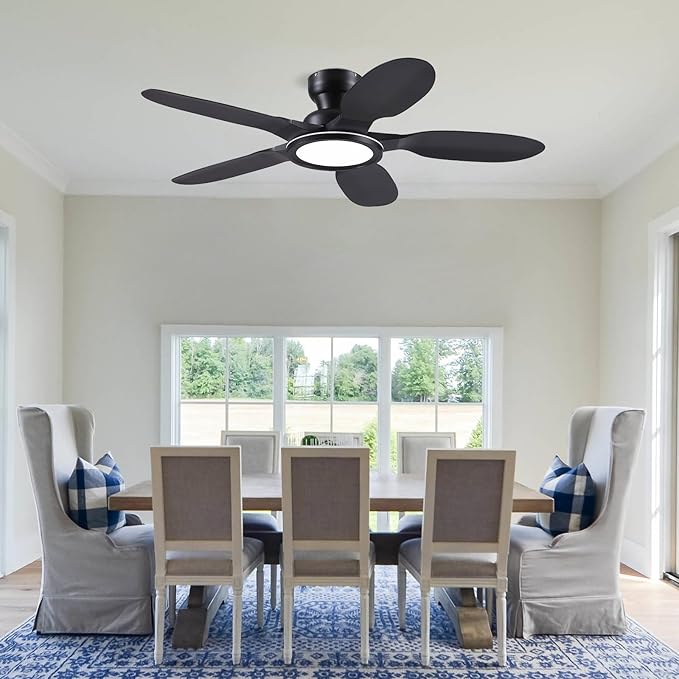 Kviflon Ceiling Fans with Lights and Remote/APP Control, 52 inch Low Profile Ceiling Fans with Dimmable White + RGB Ring Lights, 6 Speeds 5 Curved Blades for Kids Room Bedroom Bar, Black