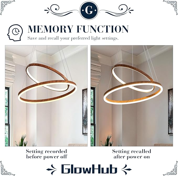 LED Chandelier for Dining Room 2 Ring LED Ceiling Hanging Light Adjustable Dimmable with Remote Modern Farmhouse Circular Wood Painted Round Pendant Light for Entryway, Bedroom, Office