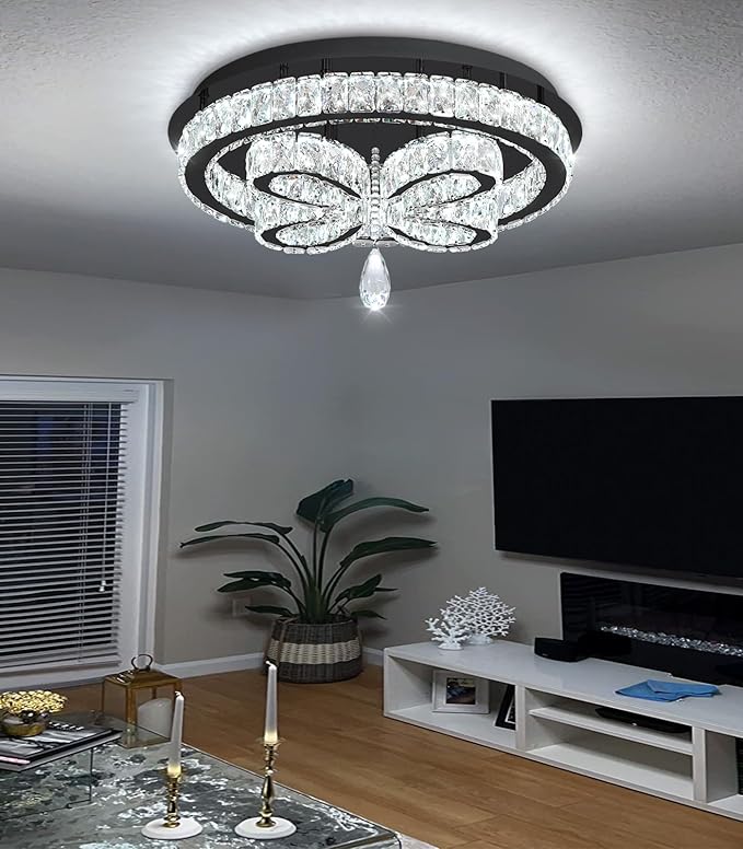 20'' Modern Crystal Chandelier LED Dimmable Flush Mount Ceiling Light Pendant Light for Living Room Bedroom Dining Room Black
