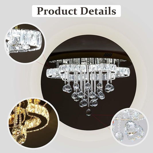 Flashing God Modern Chandelier for Living Room 24 inch Raindrop Chandeliers Flush Mount Crystal Chandelier for Bedroom Dining Room LED Dimming 2700k 4500k 6000k