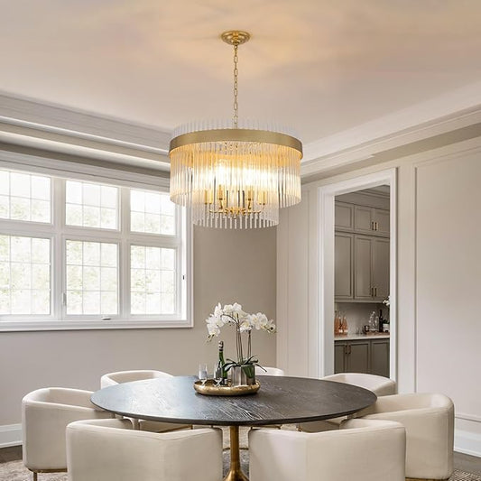 Dijiahua Modern Gold 23.6”Round Chandelier for Dining Room,6-Light Pendant Lights Kitchen Island 1 Pack,2-Tiers Luxury Brushed Brass Adjustable Cord Ceiling Hanging Lamp for for Entryway Living Room