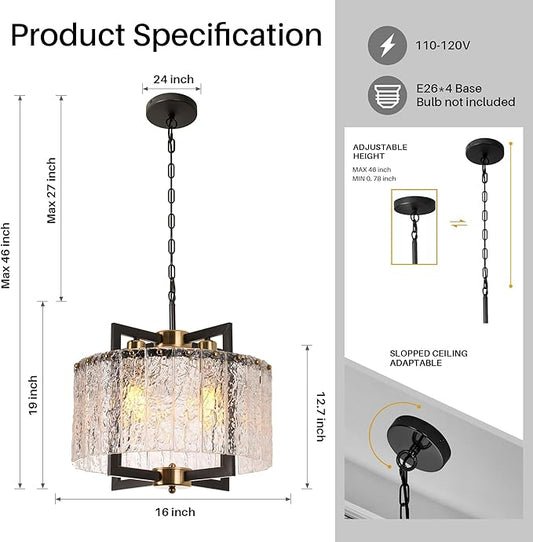 Black Chandeliers for Dining Room,16" Modern Water Ripple Glass Chandelier, Adjustable Height, Elegant Round Crystal Pendant Light Fixture for Kitchen Island Foyer Entryway