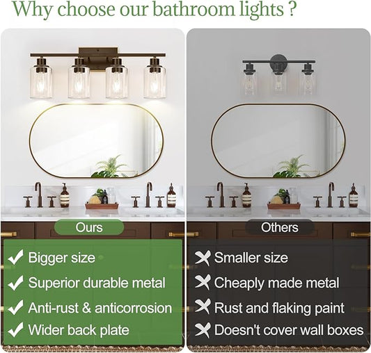 Indoi 4 Light Bathroom Light Fixtures, Oil-Rubbed Bronze Modern Vanity Lights with Clear Glass Shades, Bathroom Wall Lamp for Mirror Living Room Cabinet