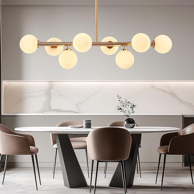 Grey Linear Chandelier, Modern Sputnik Ceiling Fixture with Adjustable Height & Dimmable Glass Shades for Dining Room, Office, Mid-Century Design
