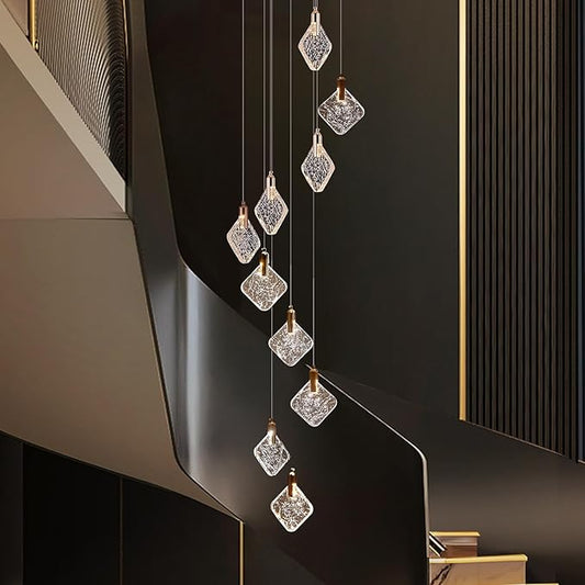 Staircase Crystal Chandelier 10-Light Pendant Light, Modern Square LED H118 High Hanging Ceiling Fixture with Gold Base for Living Room, Dining Room, Kitchen, and Hallway