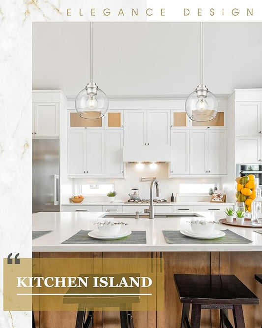 Pendant Lights Kitchen Island, 7" Modern Brushed Nickel Hanging Lights Fixtures with Clear Glass Globe Shade, Kitchen Island Lighting for Bathroom, AD-22280-1P-SN-C
