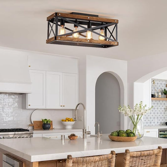 4-Light Large Rustic Farmhouse Wood Flush Mount Ceiling Light Fixture 23.6 inch Oak Wood and Metal Rectangular Track Semi Flush Mount Ceiling Light for Kitchen Living Room Bedroom Indoor, Black