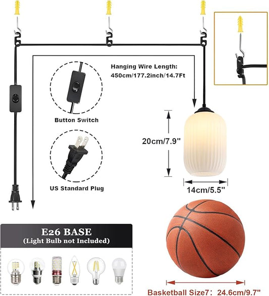 Small Black Pendant Light with Plug in Cord Mini Cylinder Glass Pendant Light Bedside Pendant Lights Plug in Milk Glass Hanging Dining Room Light Fixture