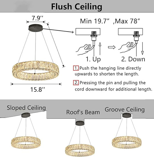 HAIXIANG Modern Crystal Chandelier Dimmable LED 16 Inch Ring Pendant Lights Adjustable Glam Chandeliers Lighting Fixtures for Dining Room Living Room Bedroom Black Light