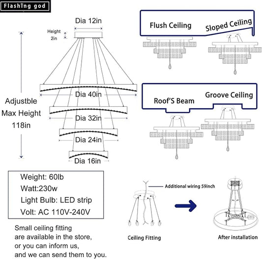 Flashing God Foyer Chandelier for High Ceilings,Modern 4 Ring Crystal Chandelier for Entryway,Hanging Lighting Fixtures for Living Room,Foyer,Staircase,Entryway