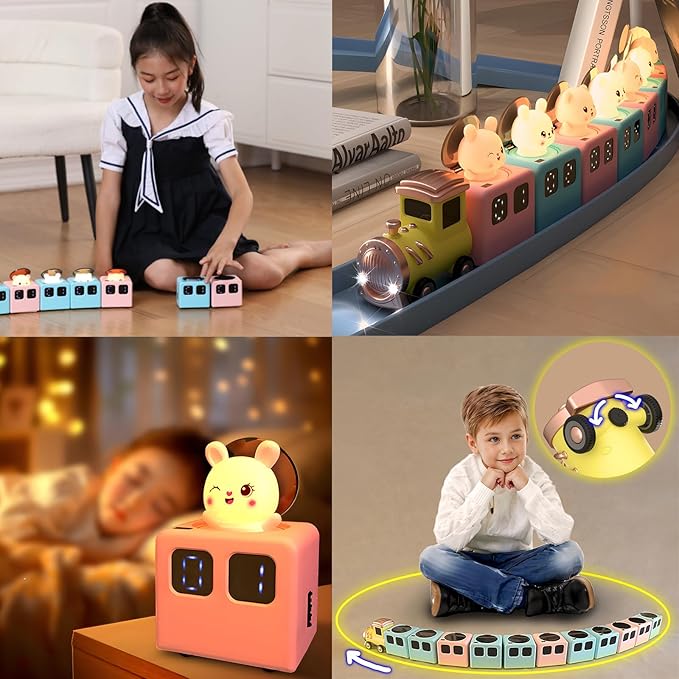 Colorful Life Interactive Train Night Light – Sensor Engine with Musical Animal Cars, Magnetic Connection, Rechargeable, Warm & White LED, Cute Cat Design (Pink Cat, Eight Tone Model)