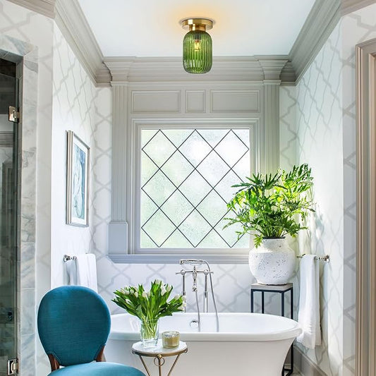 Flush Mount Ceiling Light Glass Gold Chandelier Hallway Lighting Fixture Green Glass Lampshade Farmhouse Lighting Vintage Ceiling Lamp for Living Room Porch Bedroom