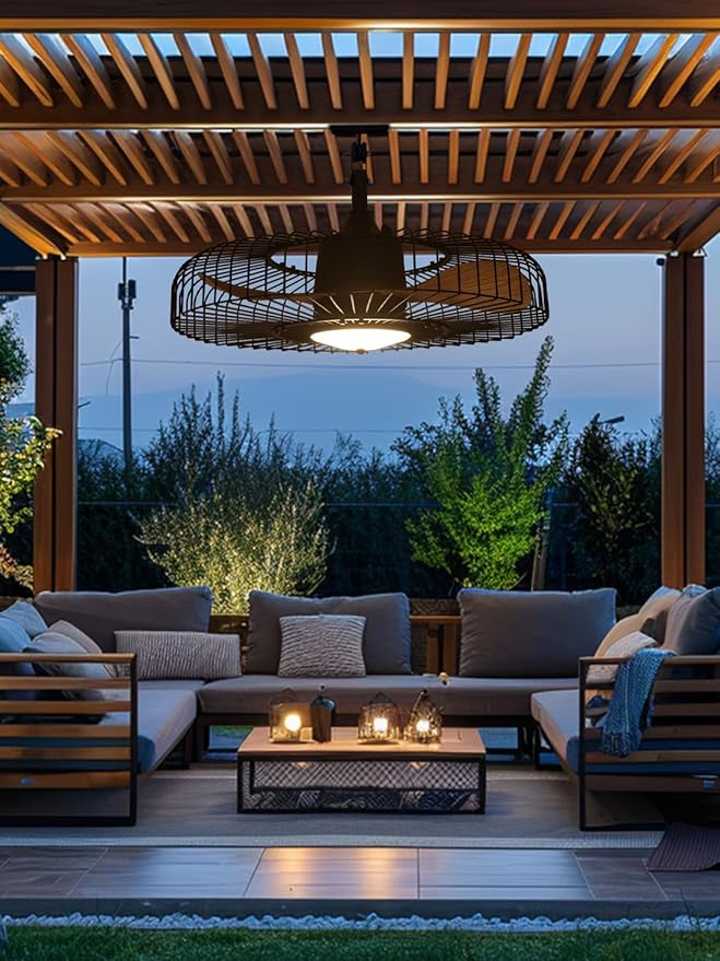 Orison Outdoor Ceiling Fans with Lights for Patio, 24" Weatherproof Ceiling Fan, Gazebo Fan Remote & APP Control, 3CCT Dimmable,Caged Plug in Ceiling Fan with Hanging Hook for Pergola Porch Canopy