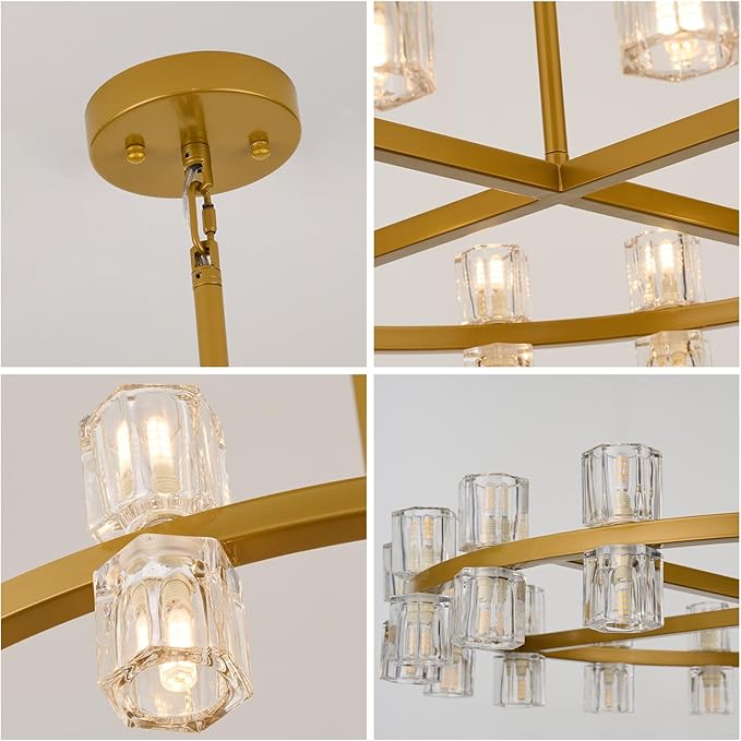 24 Inch Gold Crystal Wagon Wheel Chandelier, Modern Farmhouse Round 24-Lights Pendant Lighting Fixture, for High Ceilings Living Room, Bedroom, Foyer