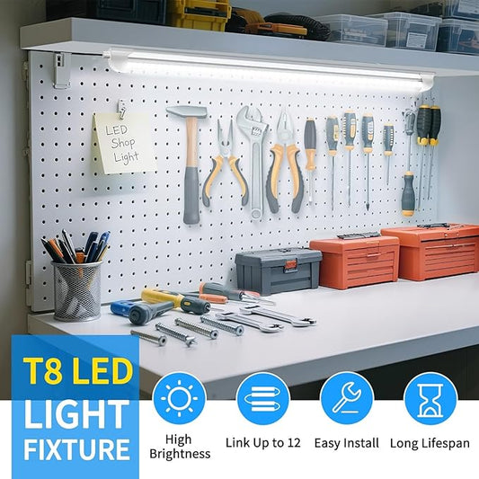 CNSUNWAY 2FT LED Shop Light, 22W 3300LM, 5000K Daylight T8 LED Light Fixture, V Shape, Linkable Shop Lights for Workbench, Garage, Workshop, Under Cabinet, ETL Listed (2-Pack)