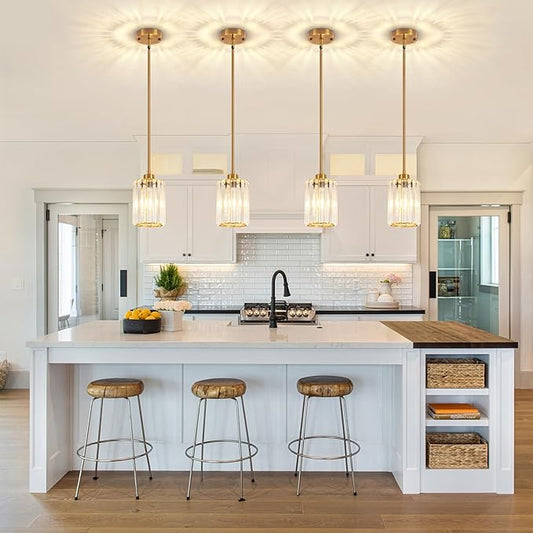Brushed Gold Crystal Pendant Lights Kitchen Island, Modern Pendant Lighting Over Island Kitchen Hanging Light Fixtures Adjustable Mini Pendant Light for Dining Room Bathroom Entryway Hallway Foyer
