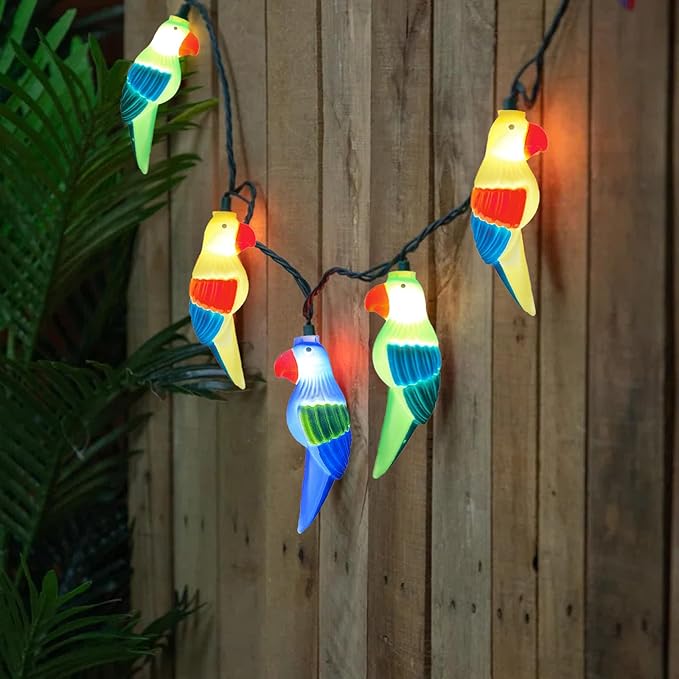 Outdoor Tropical Parrot String Lights Plug in, 8.5Ft Outdoor Hawaiian Decorative Patio String Lights with 10 Colorful Parrot Lights, Hanging Novelty Bird Lights for Deck Backyard Trees Stair Party