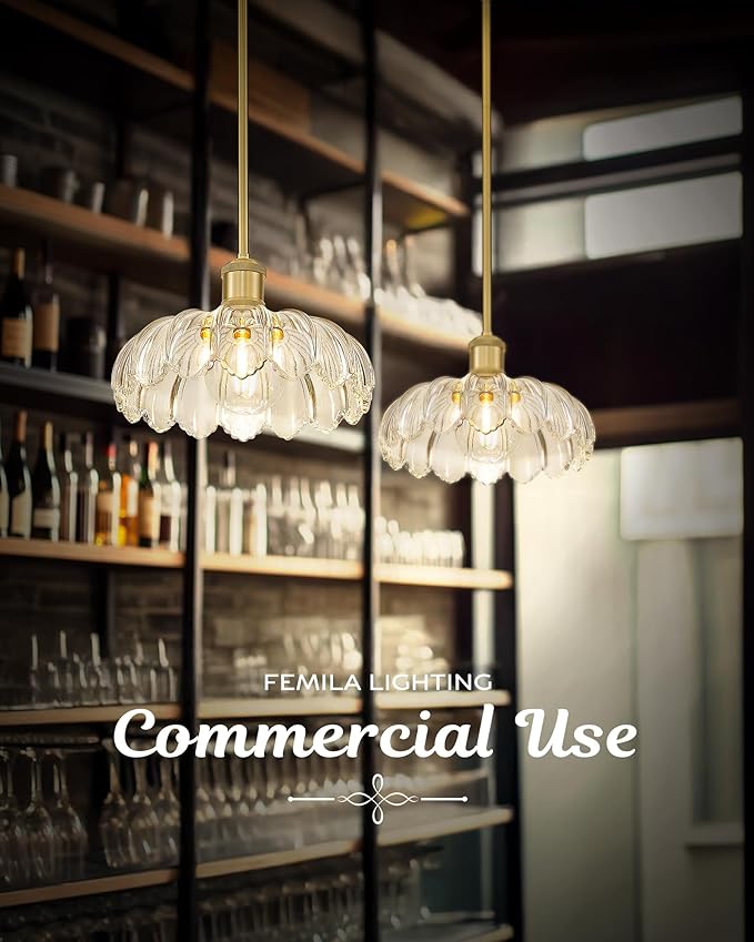 FEMILA 10.4" Gold Pendant Light, Vintage Pendant Lighting with Flower Glass, Pendant Light for Kitchen Island Bedroom Hotel Living Room, 4FJX82MIL BG