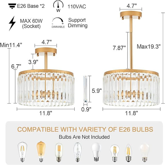 12" Gold Semi Flush Mount Crystal Ceiling Light Fixtures for Kitchen Modern Industrial 2-Light Small Chandeliers Lighting for Bedroom Entryway Hallway Living Dining Room Foyer