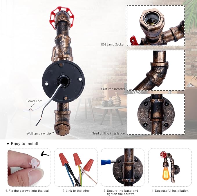 XEYOU Retro Wall lamp Vintage Industrial Steampunk Wall Sconce with Switch Metal Water Pipe Wall Mounted Light Fixture E26 Edison Bulb for Cafe Bar Restaurant Bedroom Livingroom