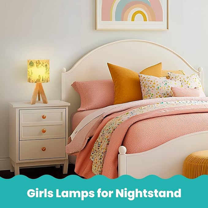 Tripod Bedside Desk Table Lamp Dragon Baby Animals Watercolor Wood Nightstand Lamp with Linen Fabric Shade for Nursery Bedroom Living Room Kids Room