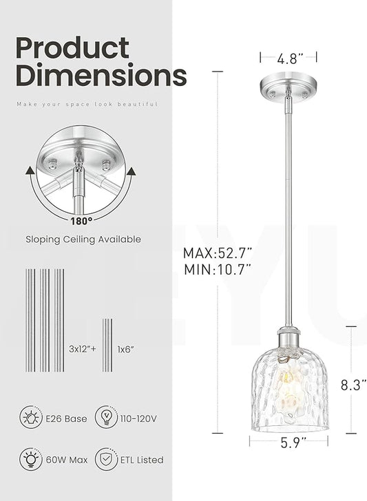 zeyu Industrial Pendant Light,1-Light Hanging Light Fixture Kitchen, Brushed Nickel Hanging Light with Clear Hammered Glass, ZJF63MIL-L BN