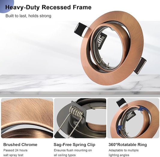 6 Pack Round Recessed Spotlights Trim Ring Fitting, Compatible with MR16 GU5.3 Bulbs, Outer Dia.90mm, Cut-Out Size 68-85mm, 360° Adjustable Holder for Under Cabinet,Antique Copper