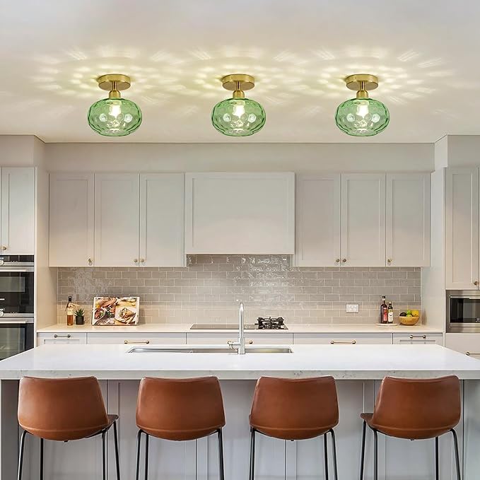 Luafac Green Glass Semi Flush Mount Ceiling Light - 7.9 Inch Hammered Art Deco Glass Small Hallway Light fixtures, Vintage Gold Flush Mount Ceiling Light for entryway Foyer Laundry Room Kitchen