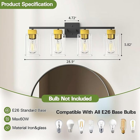 4 Light Bathroom Vanity Light - Black and Brushed Gold Bathroom Light Fixtures UL Certification, Square Light Fixture Over Mirror, Farmhouse Light Fixtures for Bathroom & Bedroom