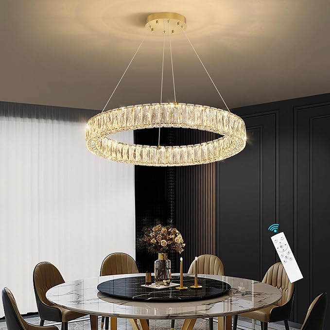 HAIXIANG Modern Crystal Chandelier Dimmable LED Ring Pendant Lights Adjustable Glam Chandeliers Lighting Fixtures for Dining Room Living Room Bedroom Gold Light