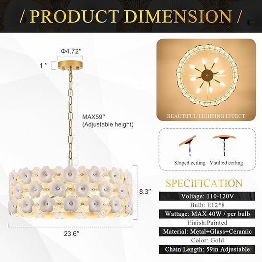 Modern 24" Flower Glass Chandelier Luxury Gold 8 Lights Ceiling Pendant Light Fixture for Living Dining Room Foyer Entryway Kitchen Bedroom, E12